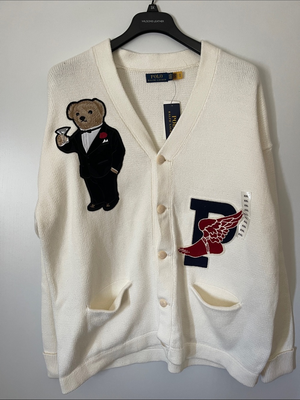 Ralph Lauren Ivory Knit Cardigan with Navy Label & Polo Bear Patch NWT
